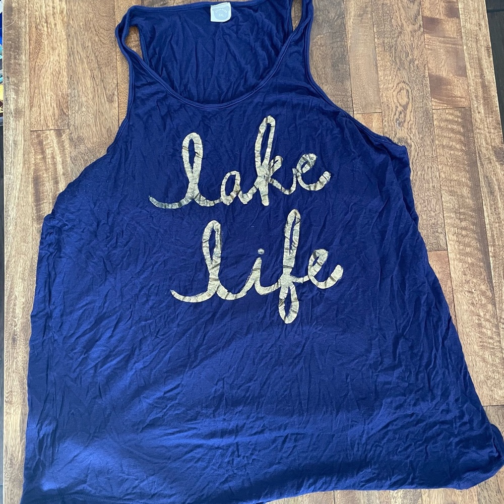 3x Navy Lake Life roomy tank top, goldfoil letter